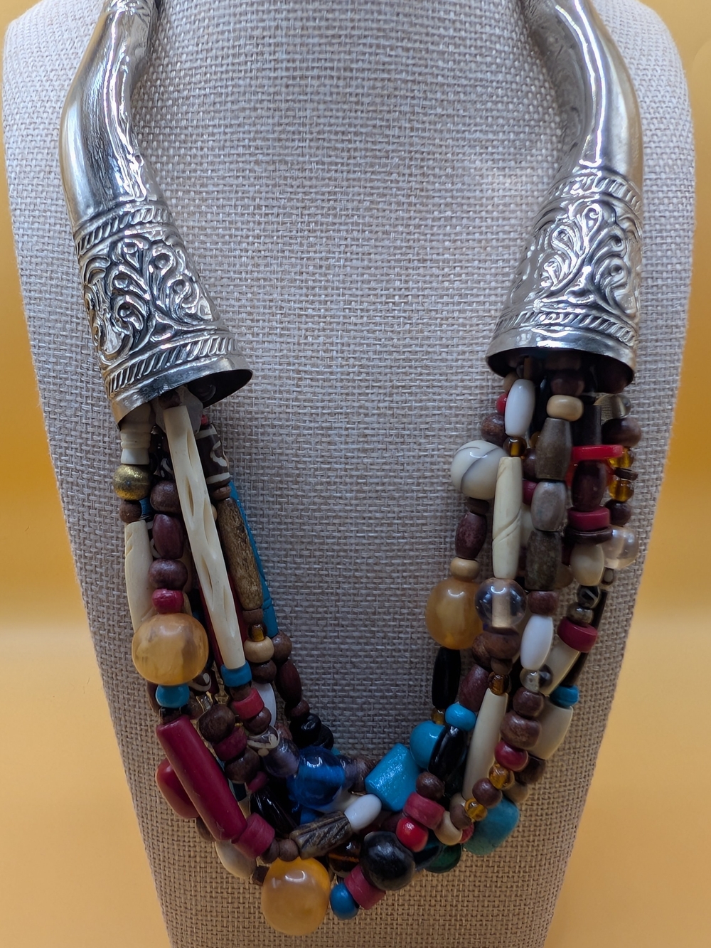 Multicolor Beaded Statement Necklace with Silver-Tone Horn Accents by Bajalia